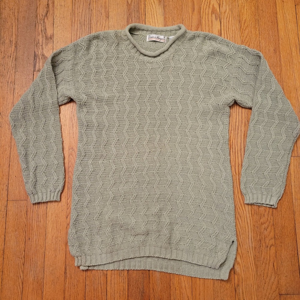 Debbie Morgan S Sweater Green Cotton Zigzag Wave Knit Vintage 90s Cottage Boho